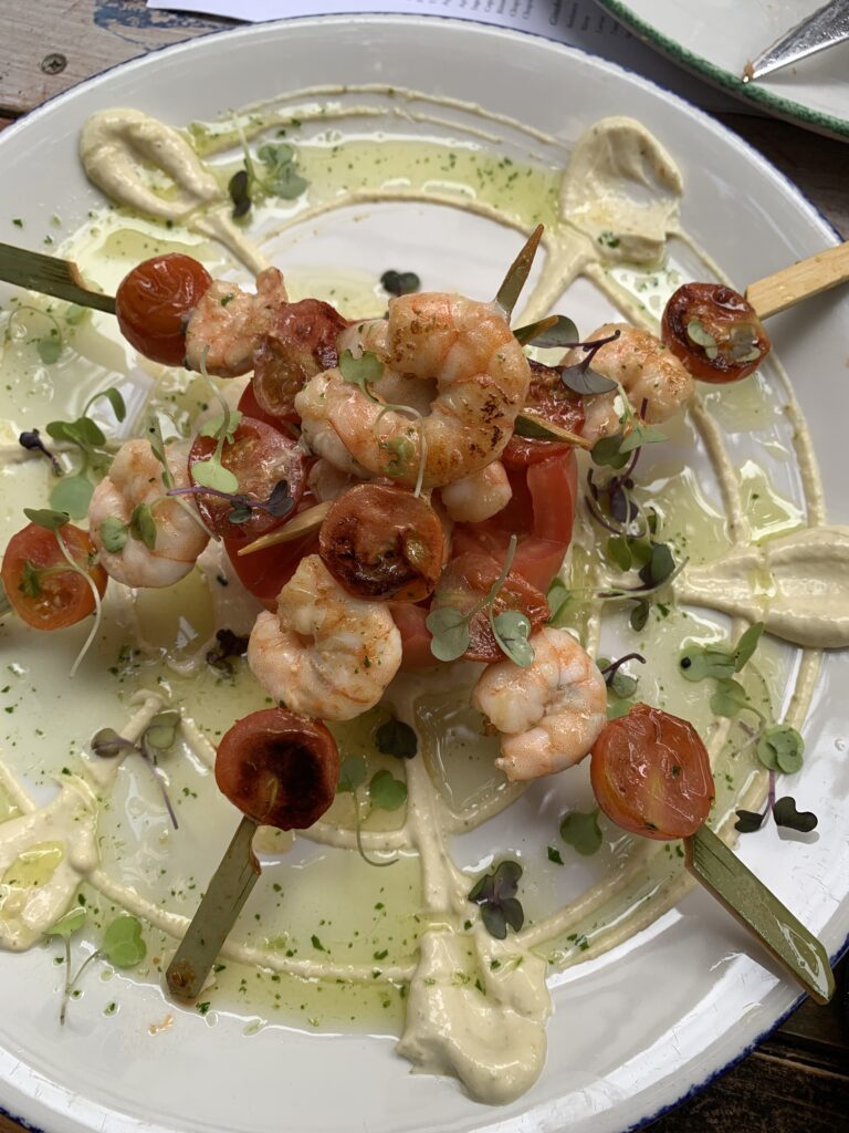 A plate of prawn tapas served in a traditional restuarant in Seville, Spain.