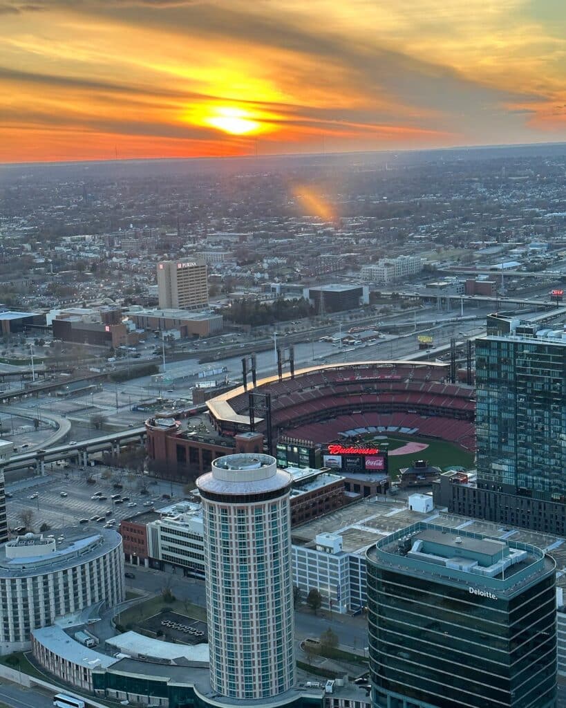 Sunset view over St Louis from the top of the Arch.