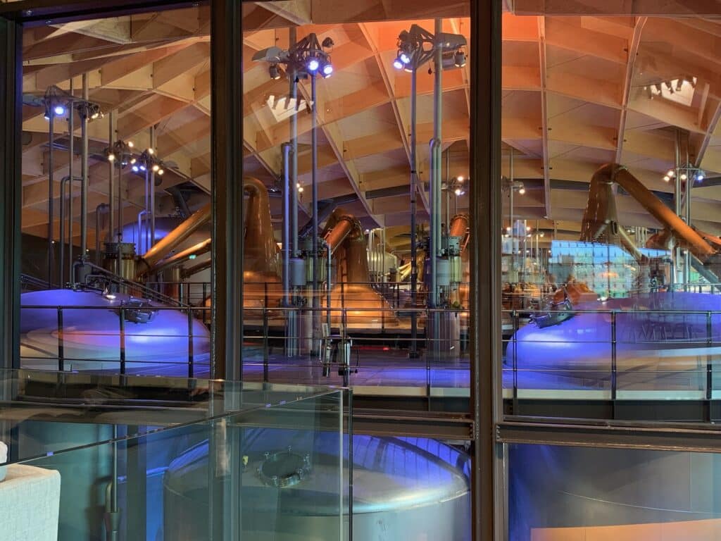 Inside a whisky distillery visitor center in Scotland
