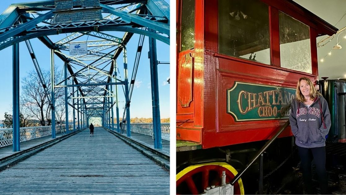 Two images, the first is a person walking across a wooden board bridge and the second is a woman standing next to the famous Chattanooga Choo Choo train, which is painted bright red.