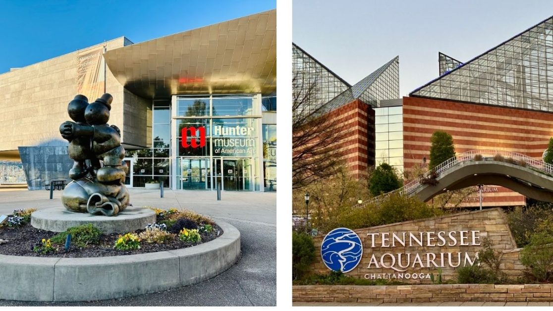 Two images of downtown Chattanooga include a sculpture outside a museum and entrance to the Tennessee Aquarium.