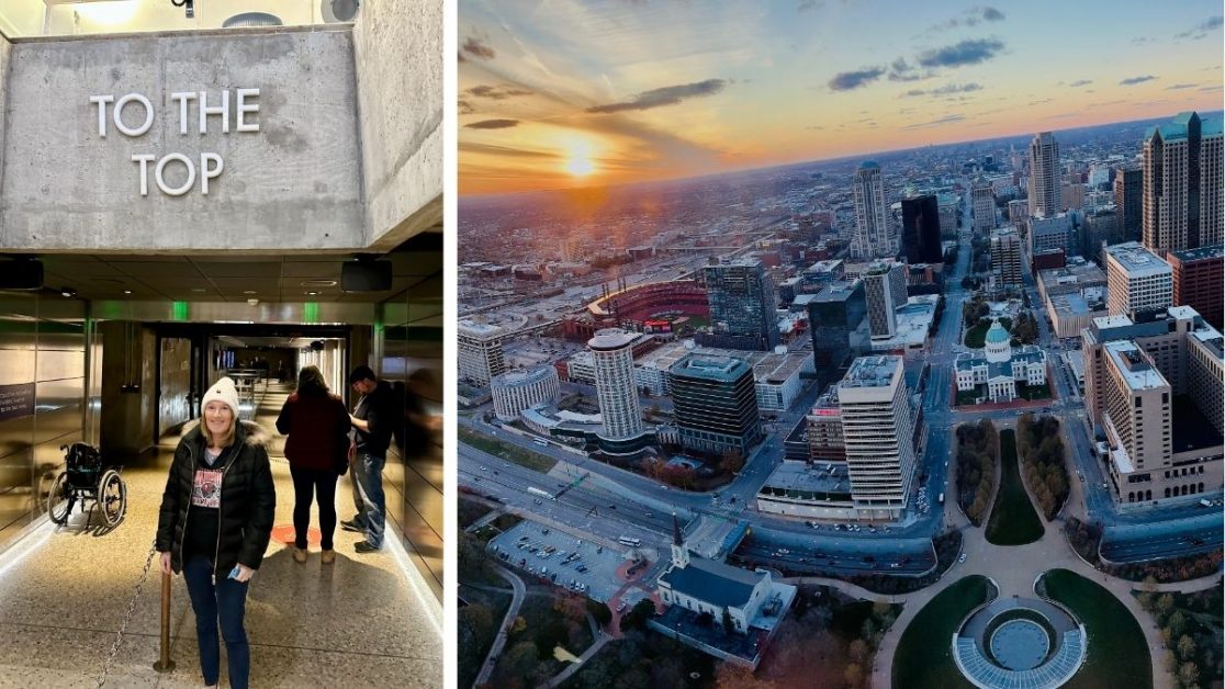 People waiting for elevator for St Louis Archway and a view over the city at sunset from the top of the arch.