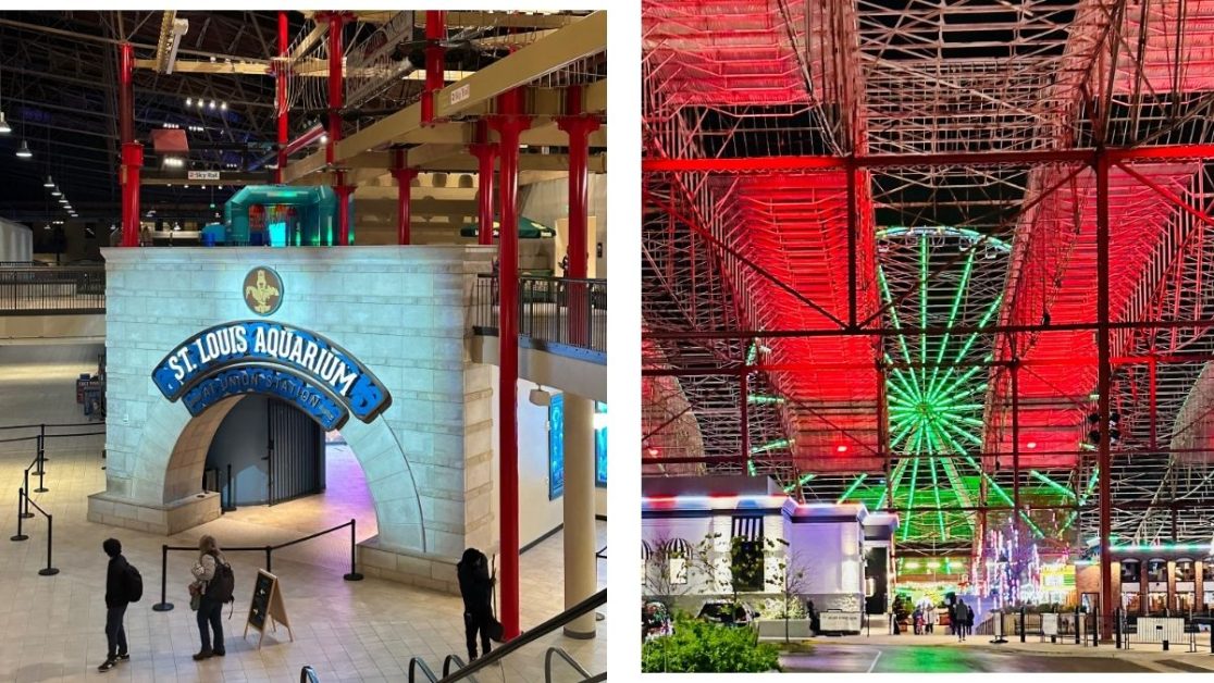 People are walking around Union Station complex in St Louis. An area with shops and food trucks also has a ferris wheel lit up green.