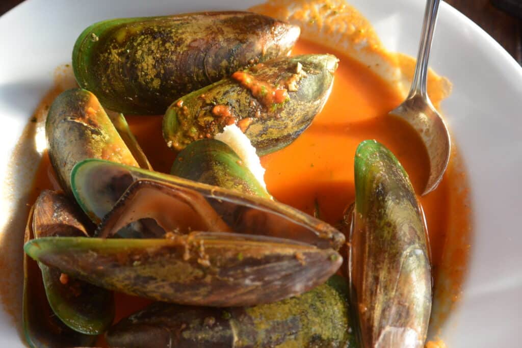 Green mussels with an orange sauce served on a white plate.