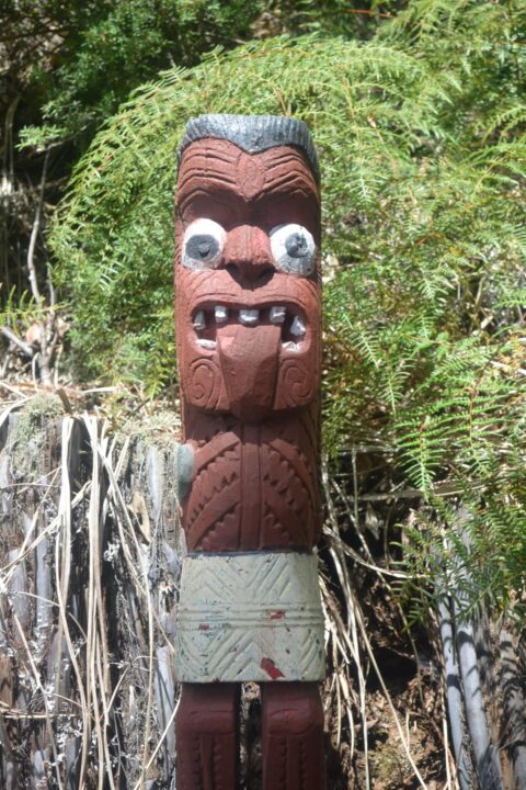 A Maori tradition shows a carved statue with traditional gesture. The tongue is extended and eyes wide open.