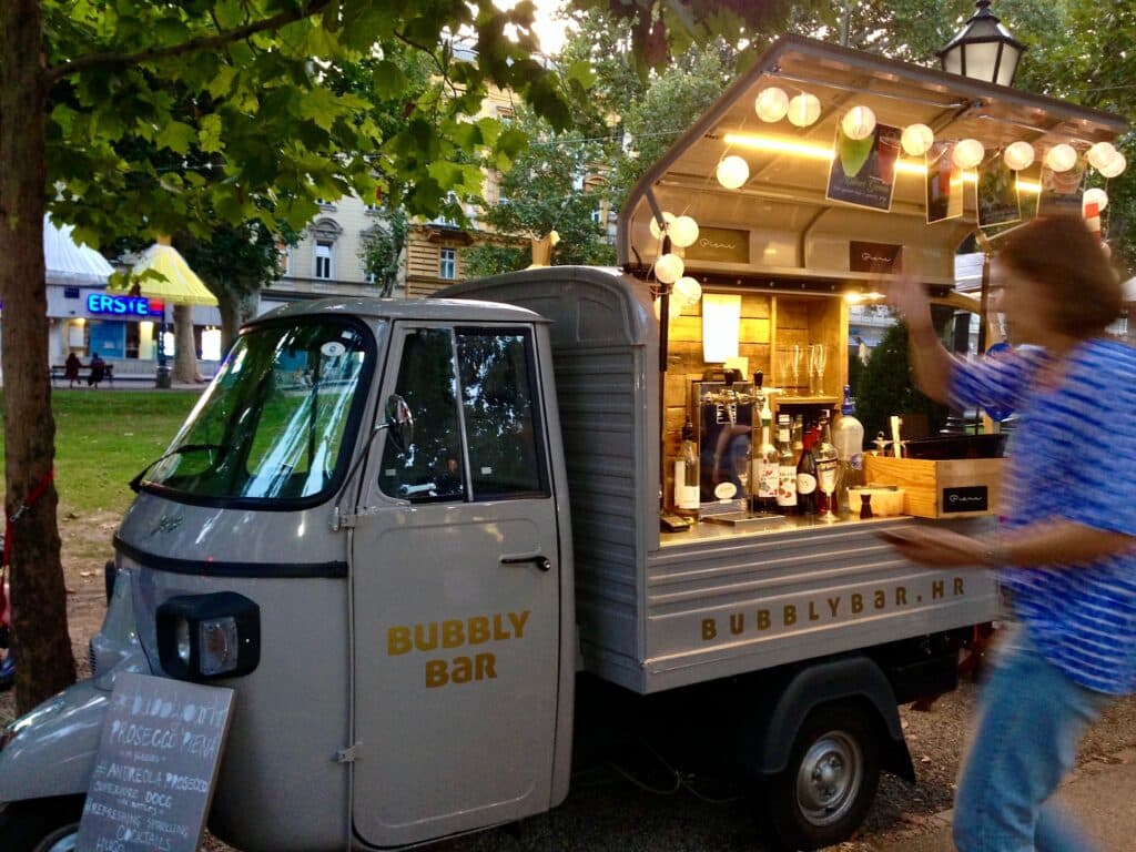 Dream destination for a getaway is Zagreb. This is a stall in a Central Park selling champagne.