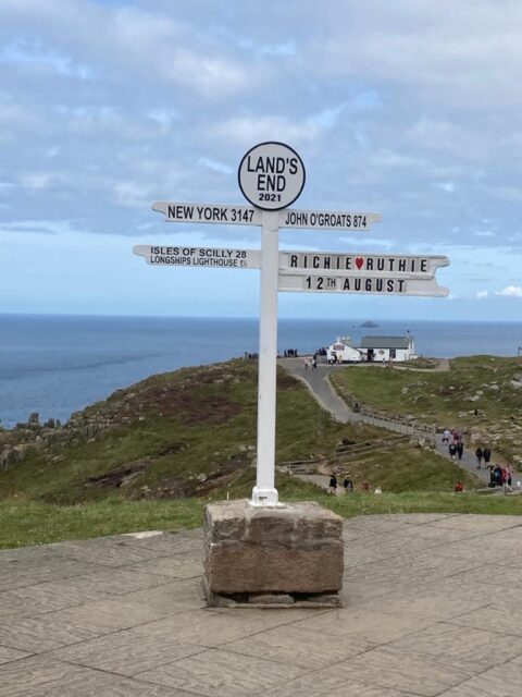 A sign signaling Lands End, the most southern point of England.