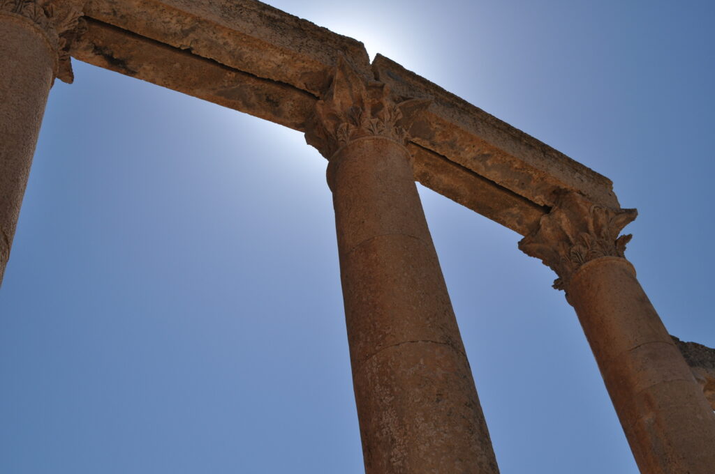 Ancient city stone beams and support columns in Jordan.