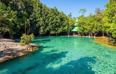 Emerald Green waters surrounded by lush green trees.