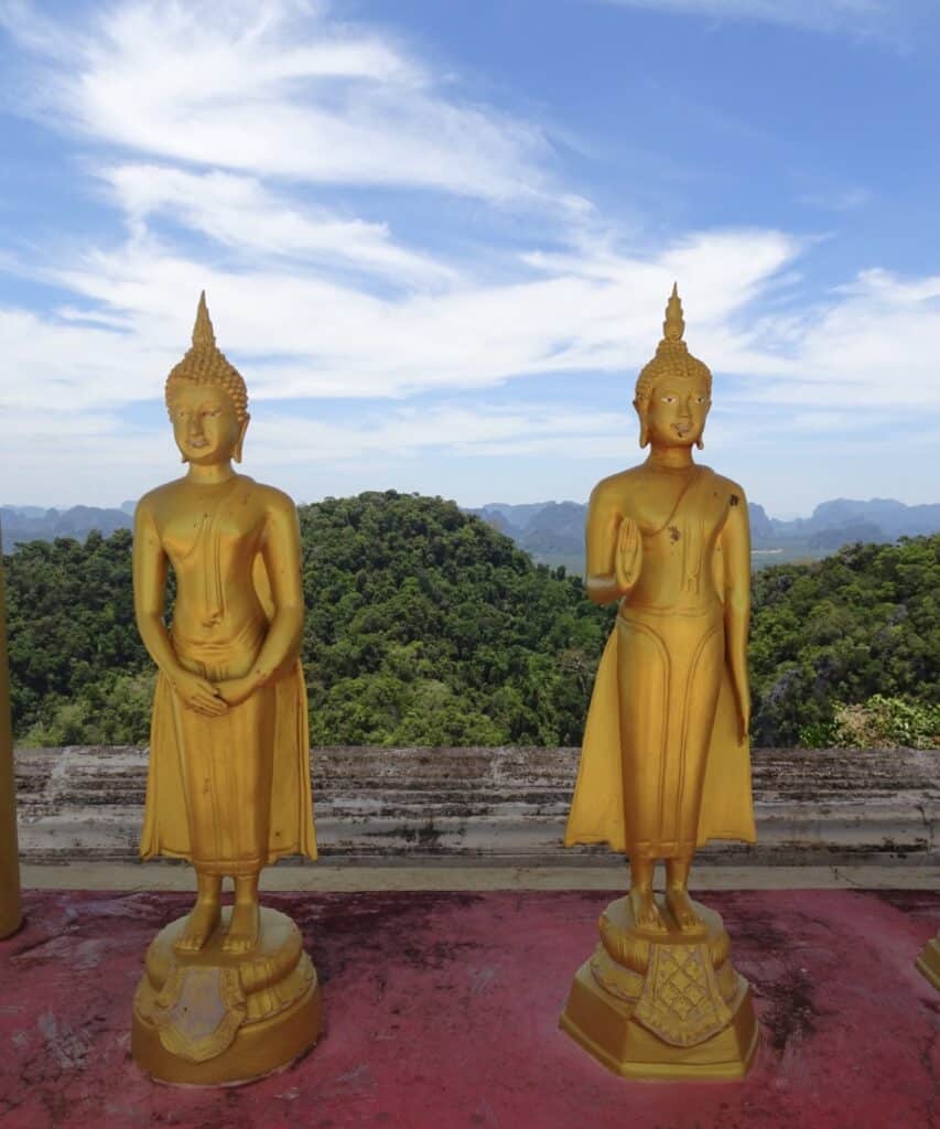 Two gold Buddha statues standing together and behind them are hills covered in greenery.
