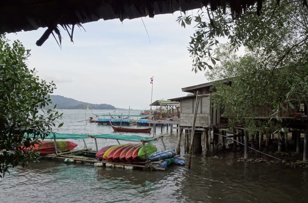 A top 10 Krabi experience is kayaking and this is where you can hire kayaks. They are sitting on a rack just above the water.