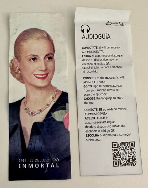 A ticket to the Eva Peron Museum with a QR Reader for translation