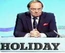 A TV presenter for a show called Holiday is dressed formally in a suit. This show aired in the 1970s.