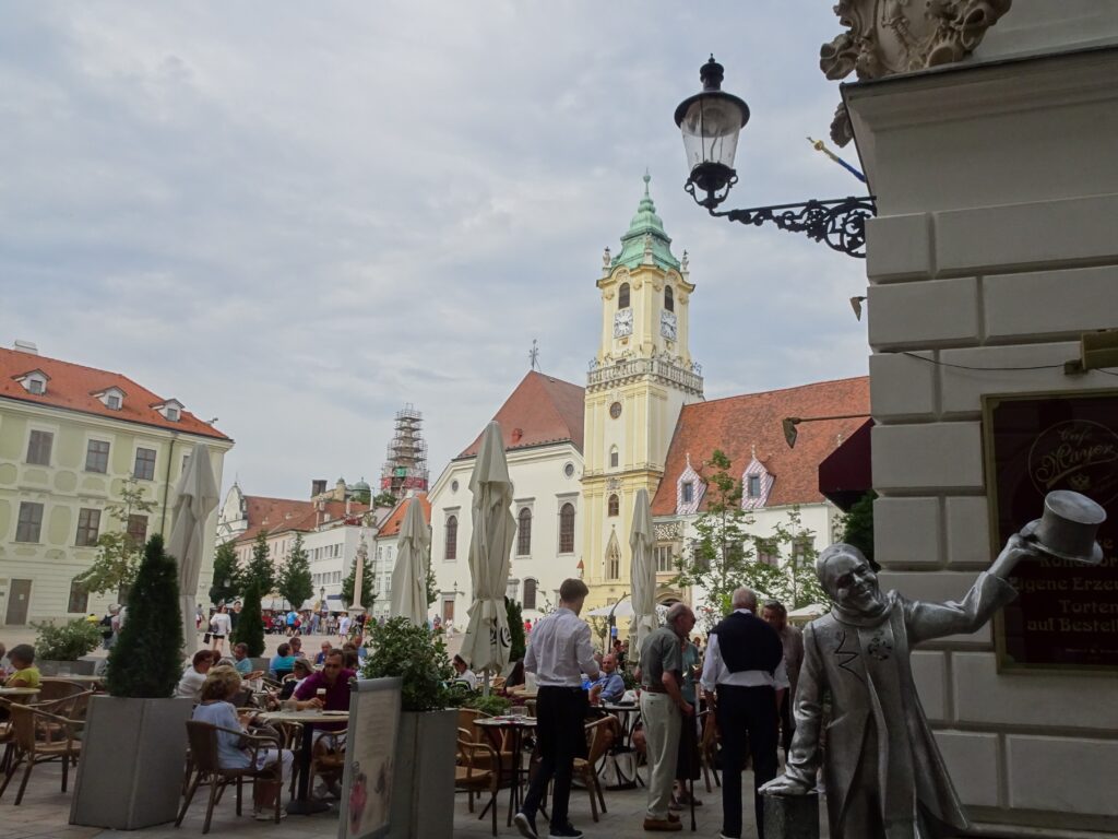 Street cafes in the town hall square in Bratislava.