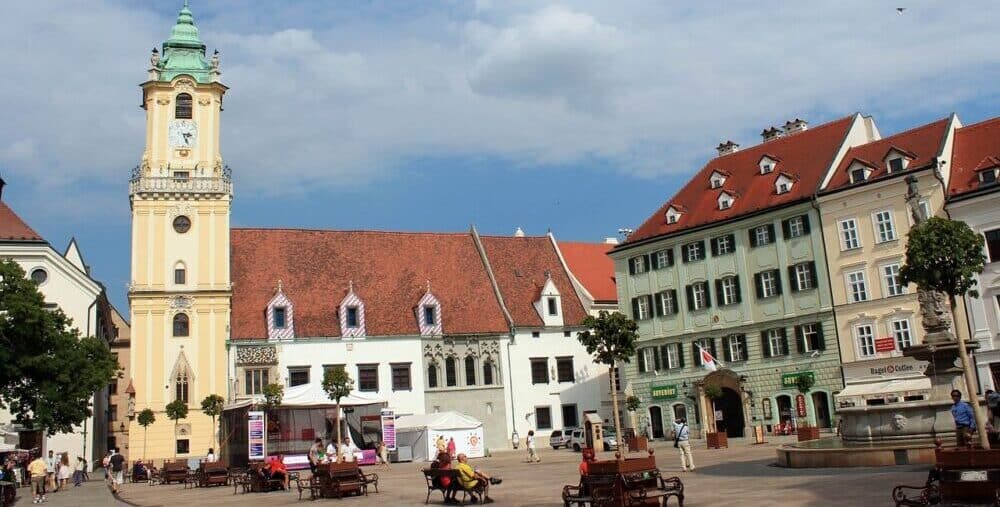 Main square and church tower in Bratislava slovakia