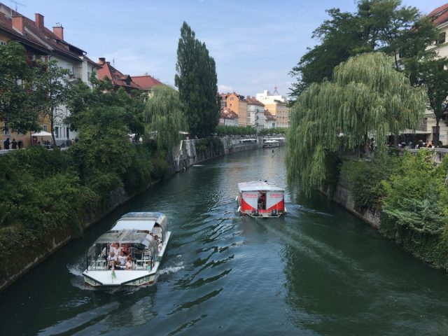 Boats exploring the river ways of Ljubljana.