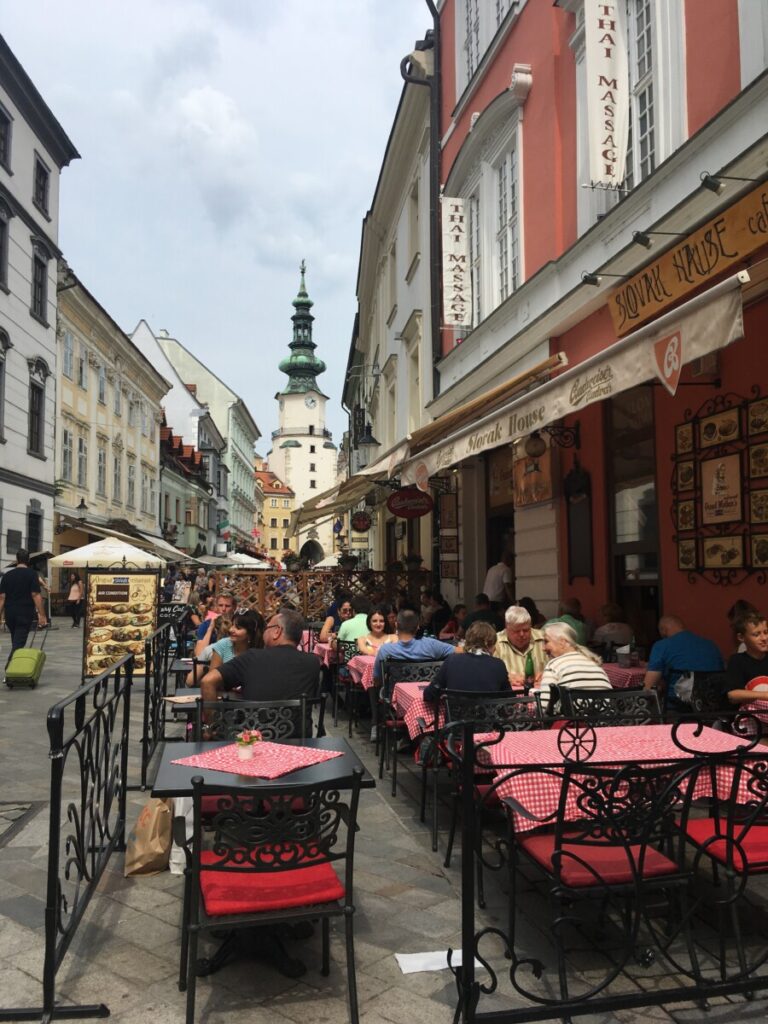 Outdoor seating at a cafe in Bratislava Slovakia