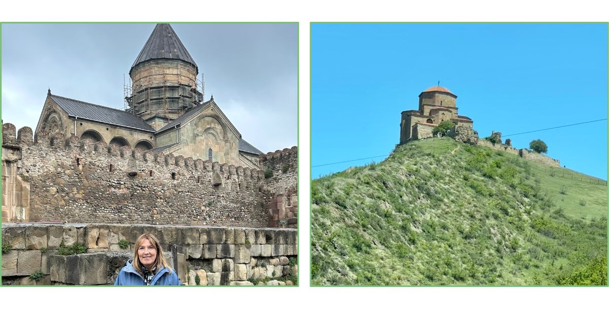 A cathedral and church in Old Mtskheta, both built of stone.