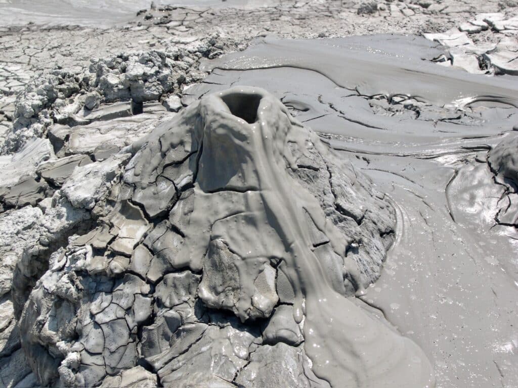 Mud Volcano Absheron Peninsula, south of Baku Azerbaijan. These small volcanoes erupt routinely with bubbles of 'mud'.