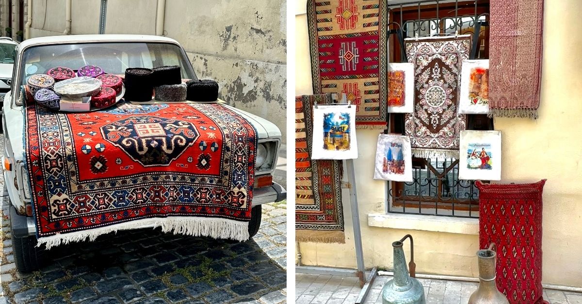 A car in Baku Azerbaijan is used as a showroom to sell rugs and other local souvenirs.