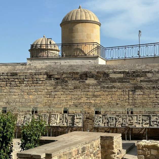 Ancient stone tablets with writing within the walls of Shirvanshahs Palace Complex in Baku.
