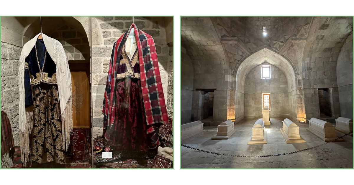 Exhibits in Shirvanshahs Palace Baku. Traditional royal clothing and a mausoleum.