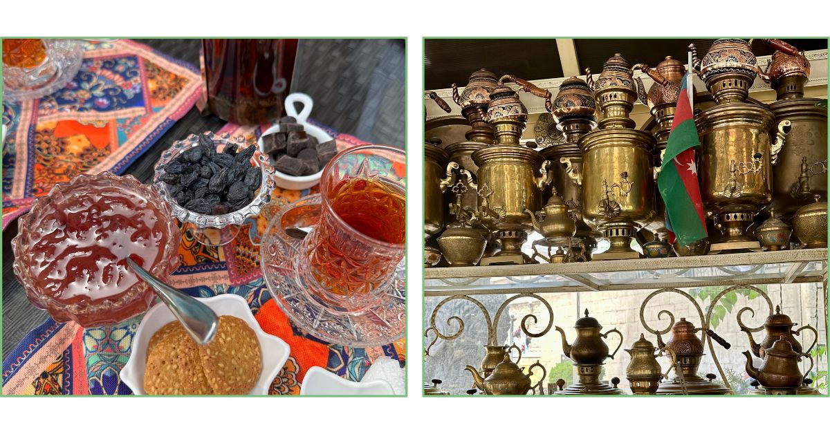 A traditional tea with jam and nuts and traditional samovars.