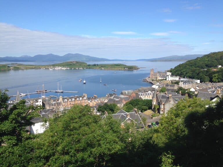 Oban a small town in western Scotland with views into the bay and Isle of Mull.