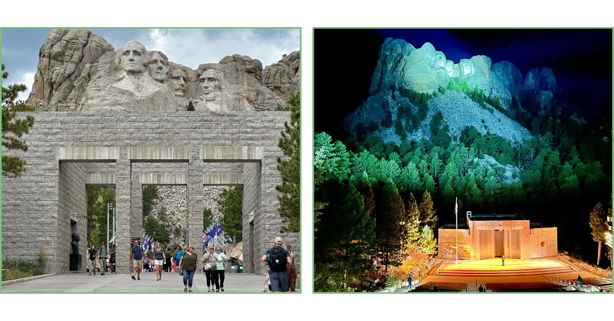 Views of Mount Rushmore show entrance area and the nighttime lighting ceremony stage and lit Presidents faces.