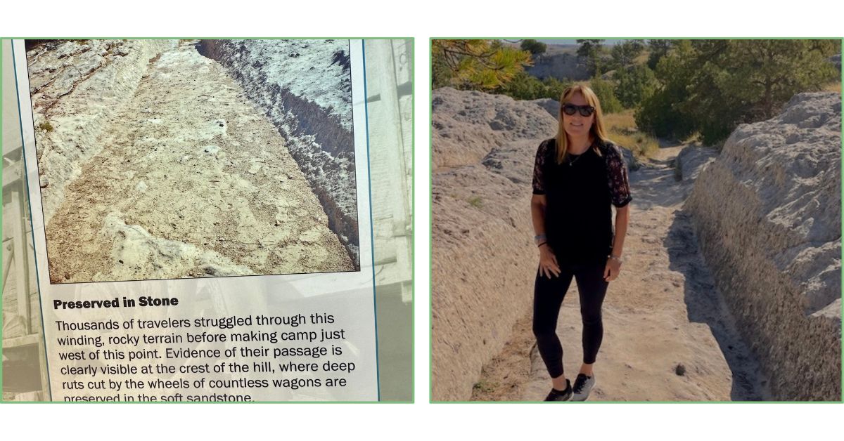 Photo of stone ruts made by early pioneers with text explaining that wagon wheels caused these ruts and woman standing in ruts area.