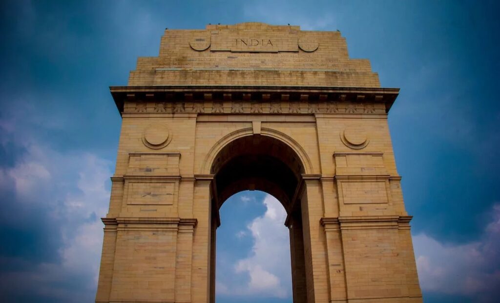 India Gate, a memorial to fallen soldiers in New Delhi India, part of the Golden Triangle route.