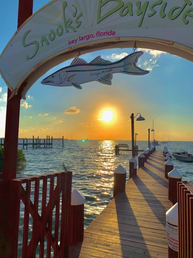 Happy Hour on Florida Keys with a dock and sign Snook