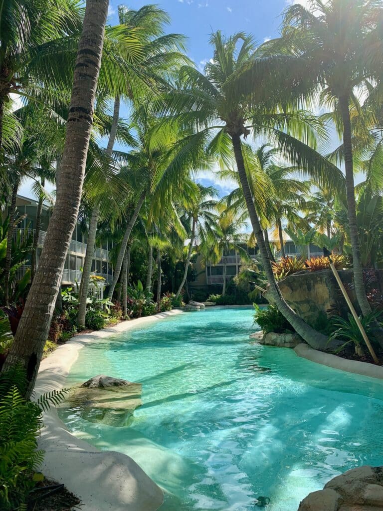 Cheeca Lodge Islamorada grounds with palm trees and a lazy river for guests