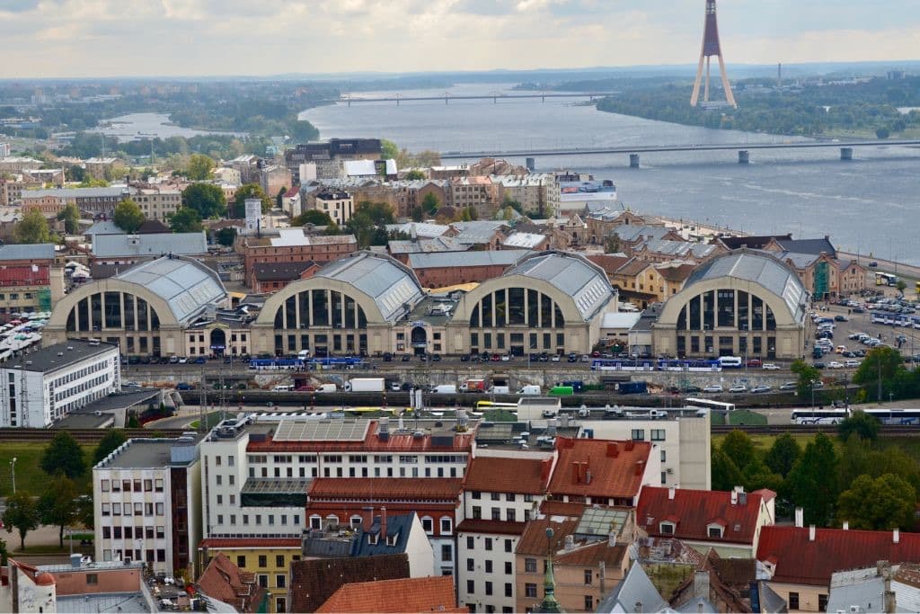 View over Riga show the old Zeppelin hangers that house today's city market.