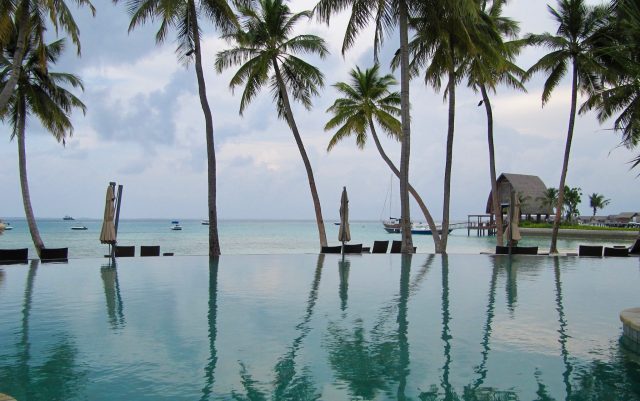 A pool leads to the ocean with palm trees and in the distance small boats.