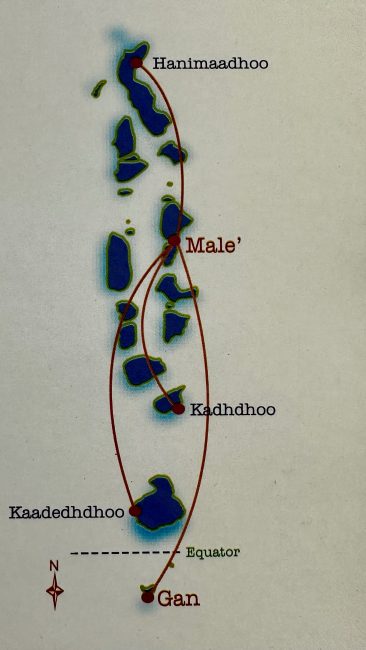 A map of The Maldives showing the main flight routes between the capital Male and other regions of the country down to the southern point of Gan.