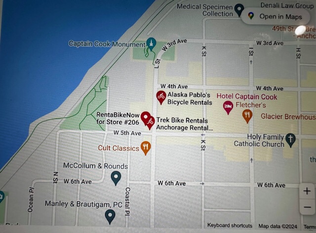 A map showing bicycle rental locations in Anchorage