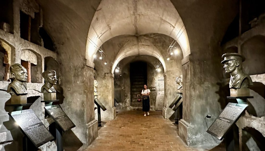 Inside the crypt of a church is a memorial to victims of a mass killing called the Heydrich Terror. A popular place to visit in Prague.