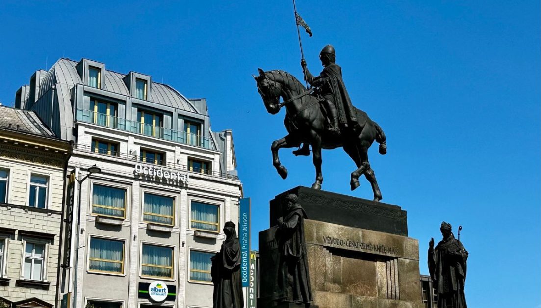 Statue of St Wenceslas on a Horse in the square with the same name. This is a place to shop and visit the National Museum.