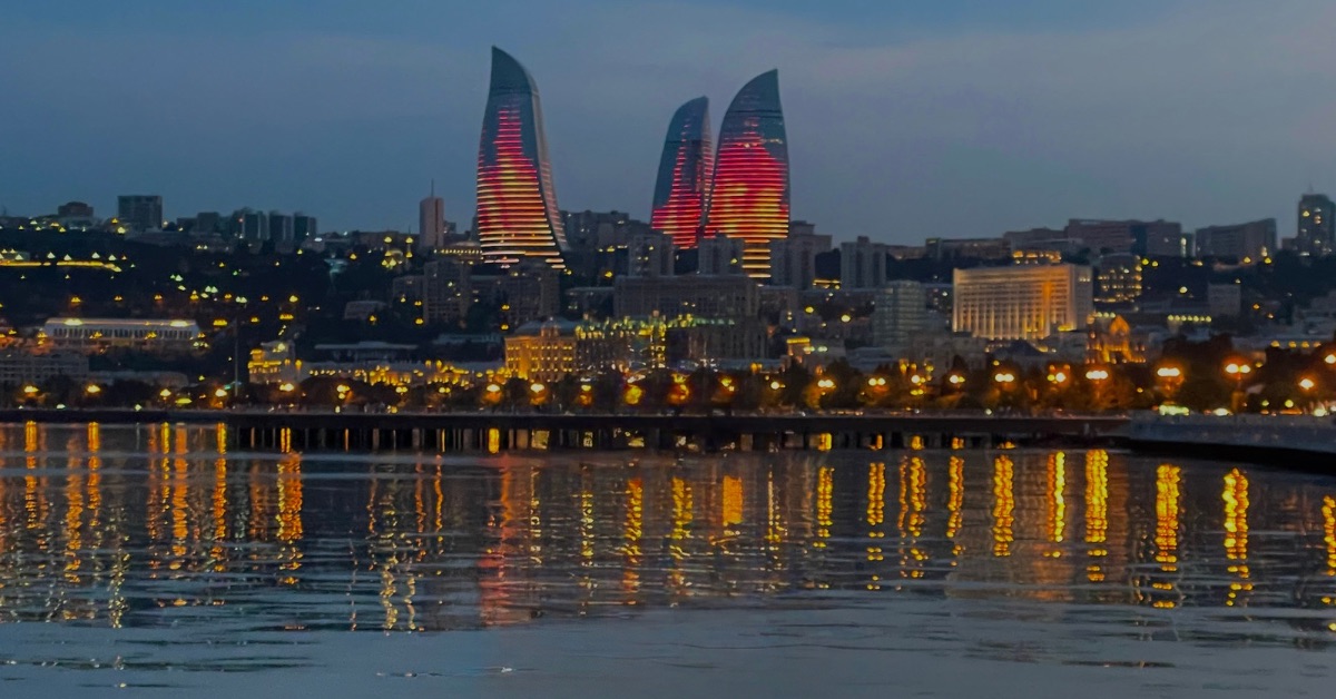Baku Flame Towers Lit Up Over Caspian At Night