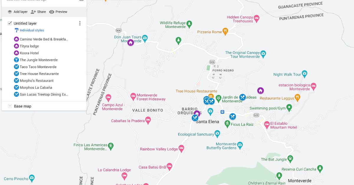 Map of Hotels and Places to Eat in Monteverde