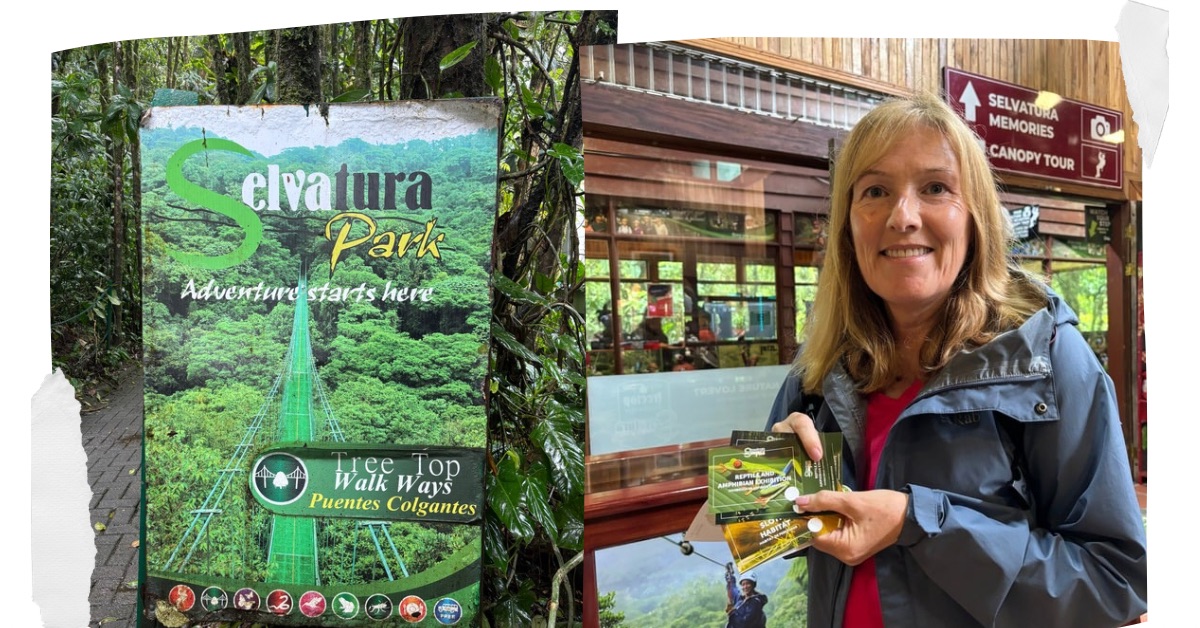 Signage to Selvatura Tree Top walk in Monteverde and woman with entrance tickets.