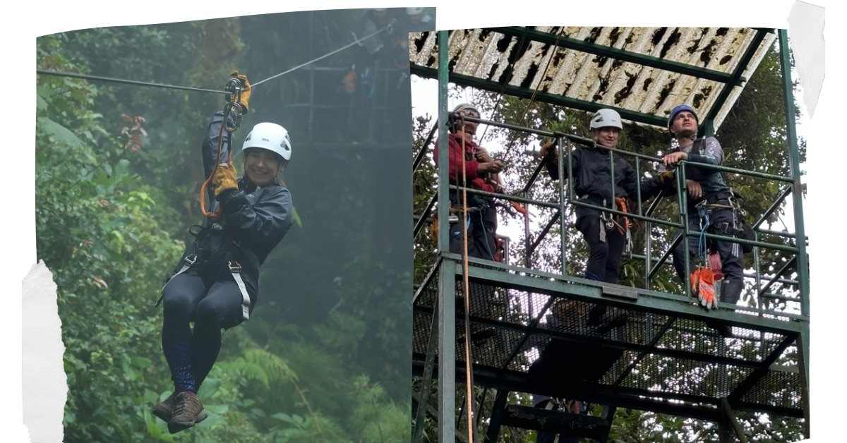 People zip lining through cloud forest in Monteverde and standing waiting to jump from a platform.