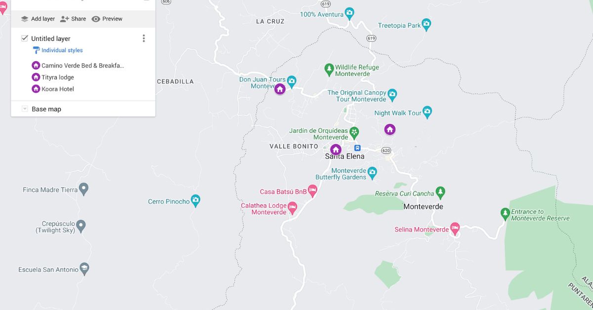 Map showing hotels and lodges in Santa Elena Monteverde.