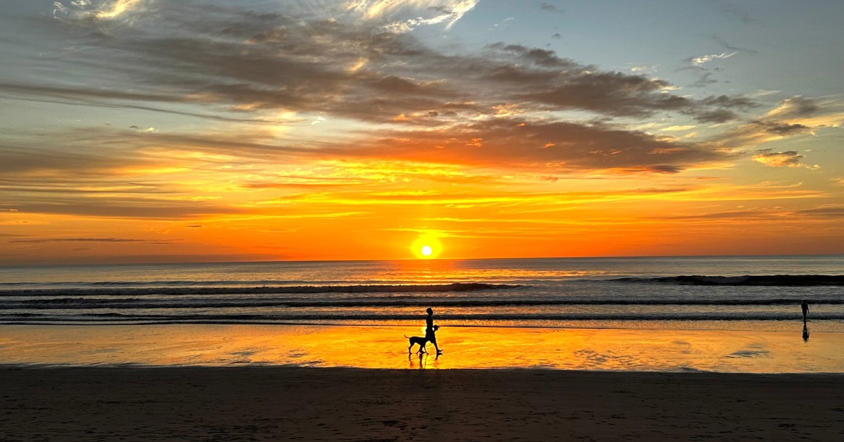 The sun is touching the horizon over the waters of the Pacific Ocean as it sets over Playa Grande Beach. A dog walker strolls along the beach.