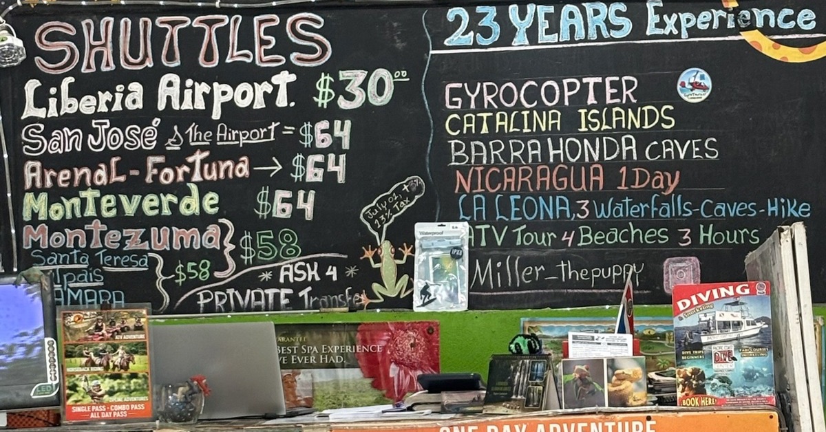 Tour Office in Tamarindo advertises many activities for visitors and transfer shuttle prices.