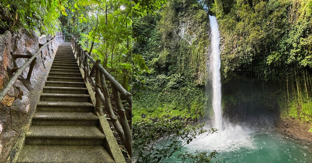 Steps with handrails leading down to a waterfall which gushes into a pool below