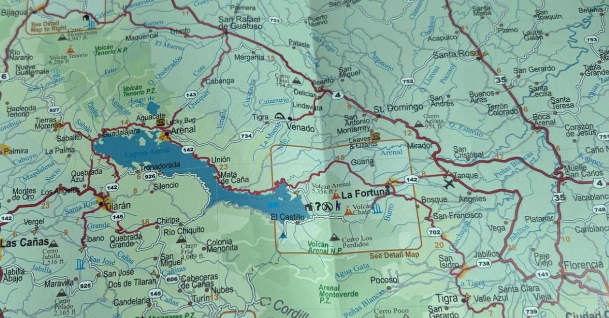 Map showing location of La Fortuna and Lake Arenal Costa Rica