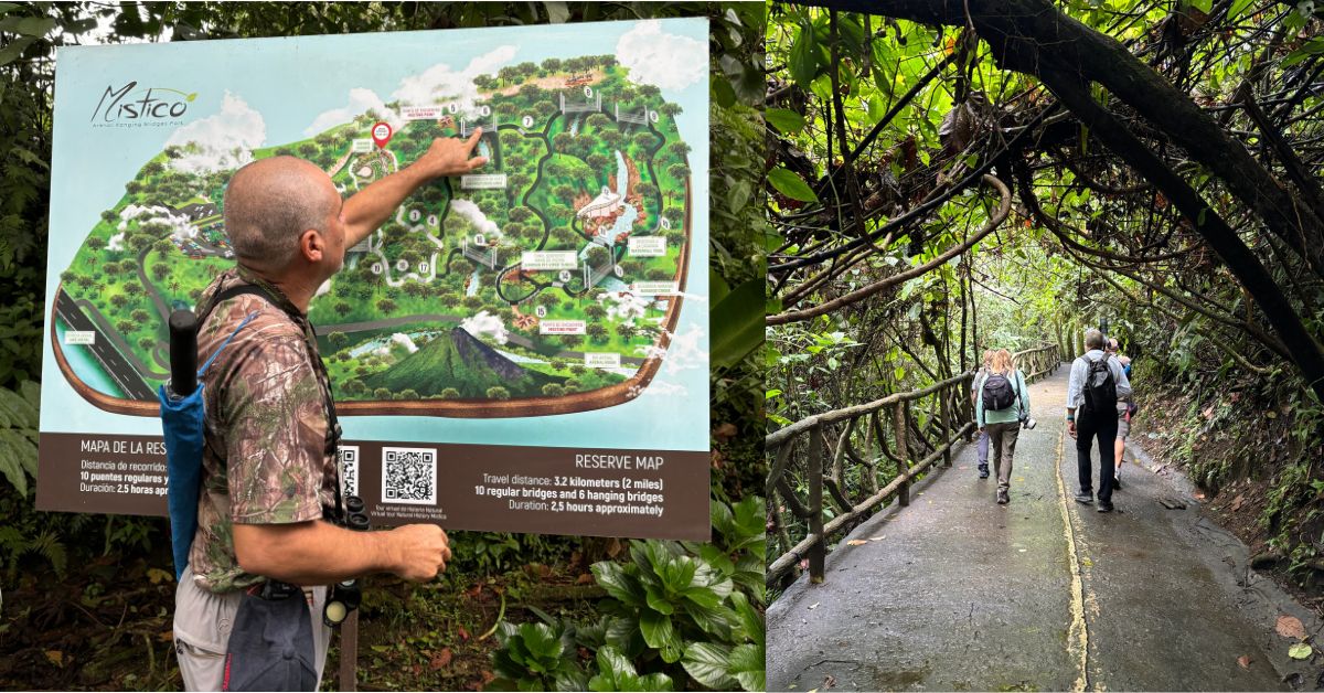 2 images. One is of a Guide pointing to a map that displays trails in the Mistico Park. In the other, two people are walking along a trail path with branches above them from the trees.