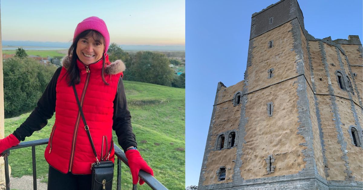 Woman smiling at Orford castle next to an image of Orford Castle
